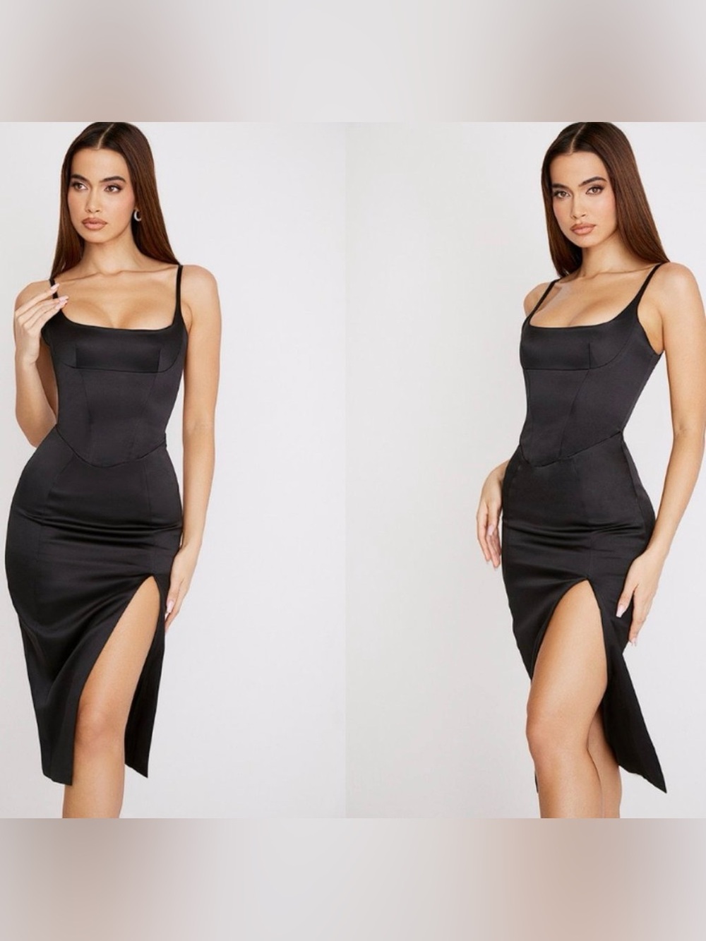 House of CB Black Satin Slip Dress with Thigh Slit
